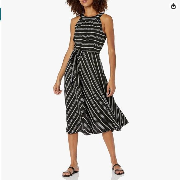 Tommy Hilfiger Belted Halter Midi Dress Black Gray Stripe Crinkle Gauze 12 NWOT - Picture 1 of 16